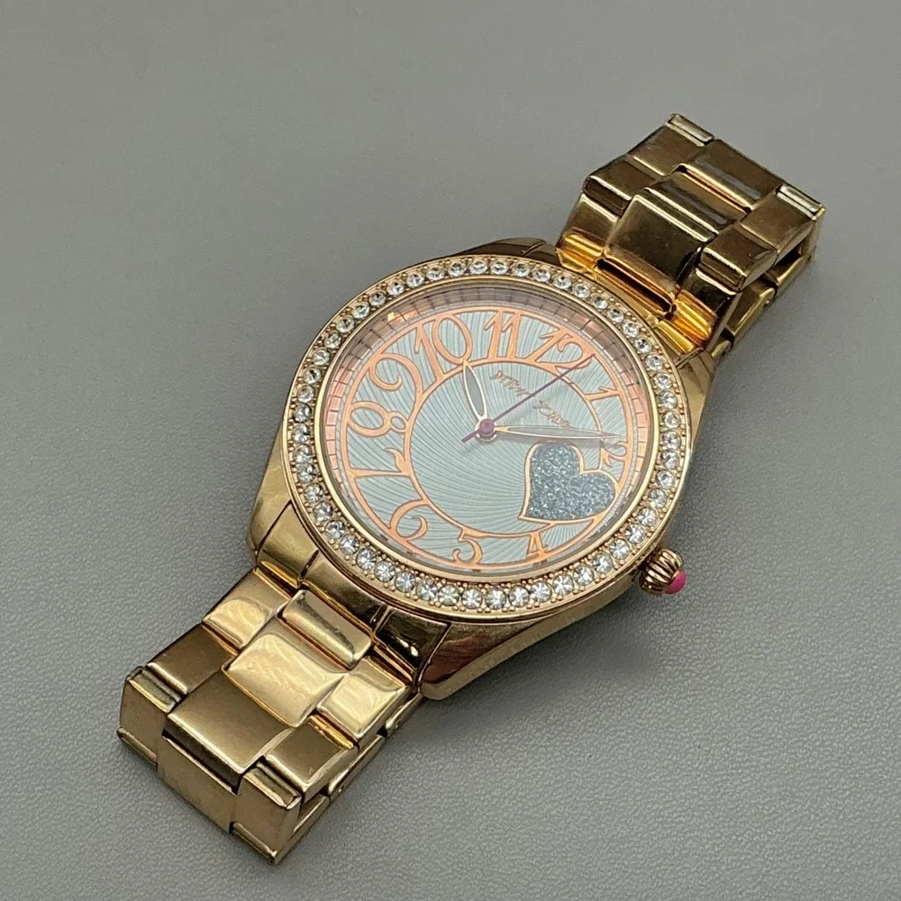 Betsey Johnson Watch Women Gold Tone Crystal Heart Dial Link Band NEW BATTERY